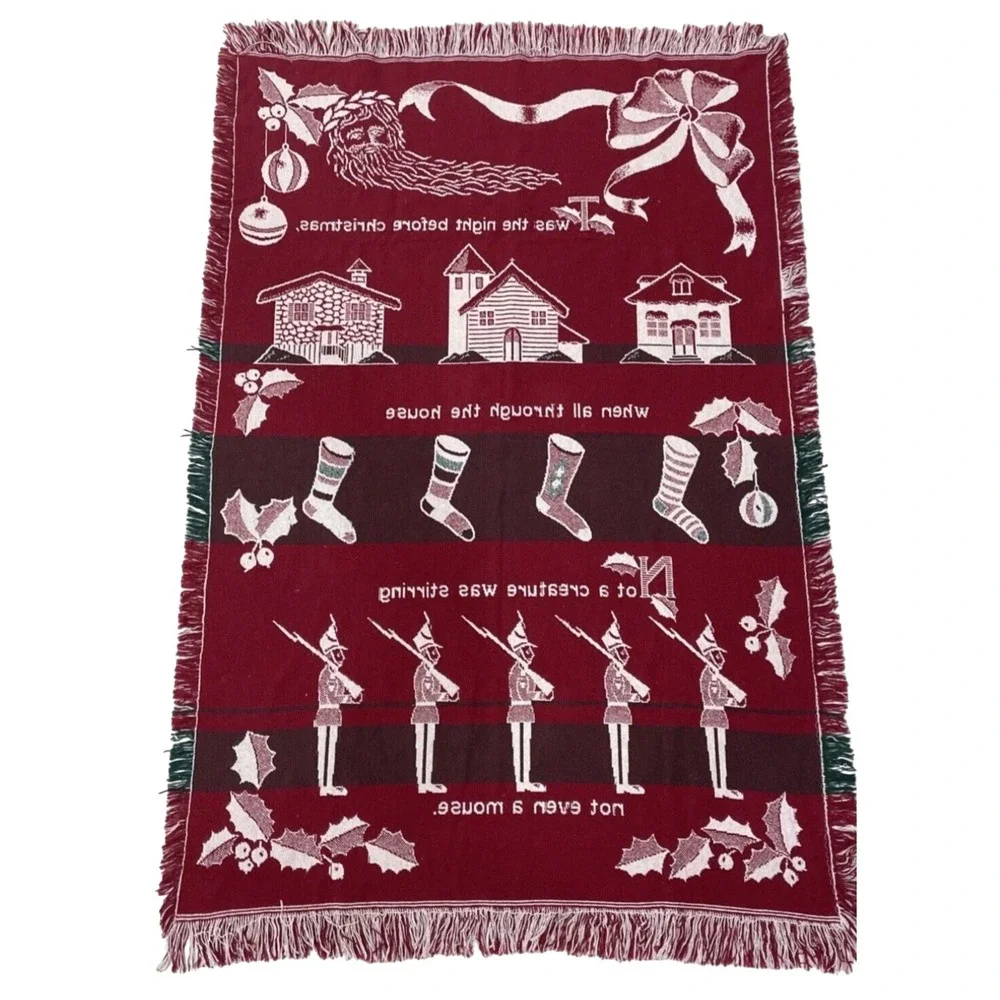 Vintage Twas Night Before Christmas Tapestry Throw 47x70 Cotton Spain Santa NICE